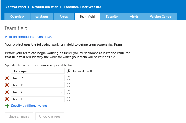 Team field page for project admin context