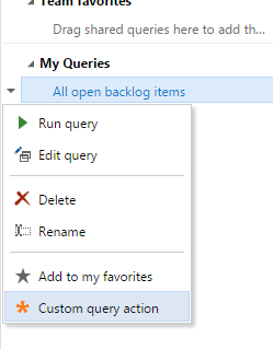 Custom query action added to query menu, TFS versions