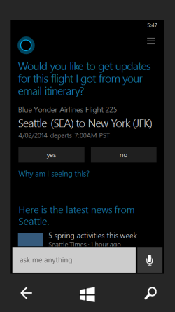 Cortana flight tracking prompt