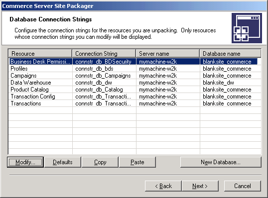 Database Connection Strings dialog box, example B