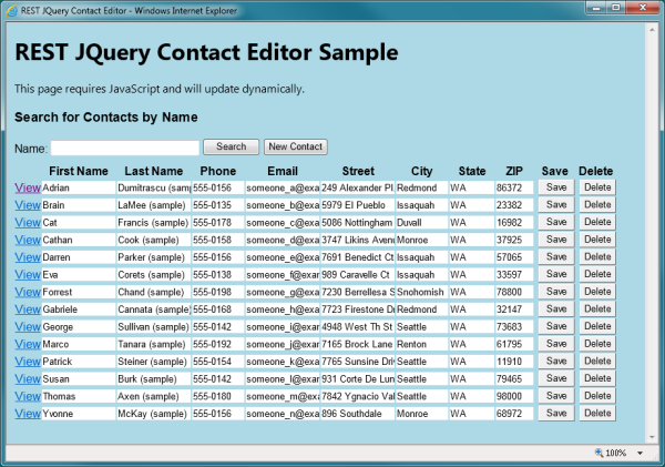 REST JQuery Contact Editor sample