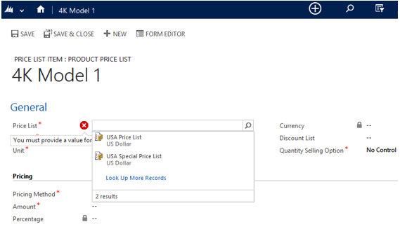 Open new price list item in Dynamics CRM