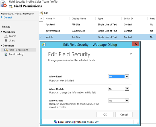 Edit Field Security form in Dynamics CRM