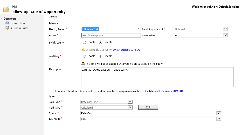 Follow up date on an opportunity in Dynamics CRM