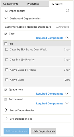 Required tab showing a list of missing components in the app