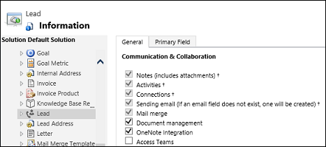 Select OneNote integration for an entity