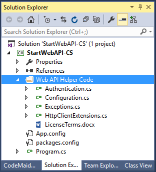 VS Solution Explorer showing helper library files