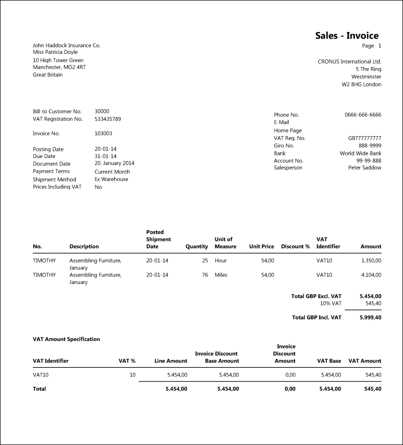 Report showing invoice document