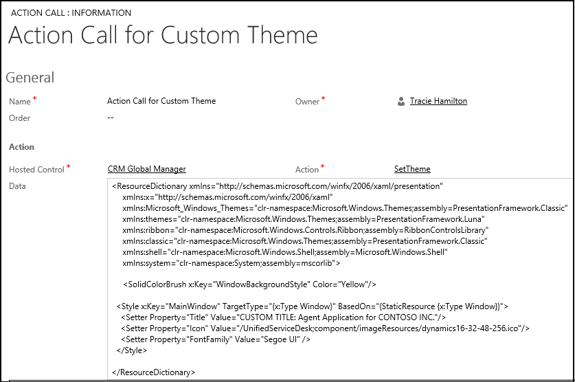 Define action call for customizing display