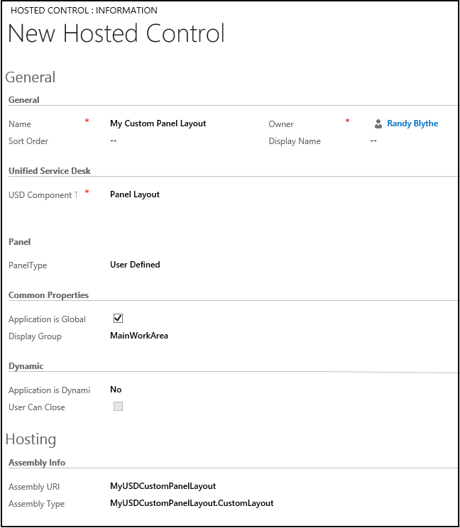 Custom panel hosted control definition