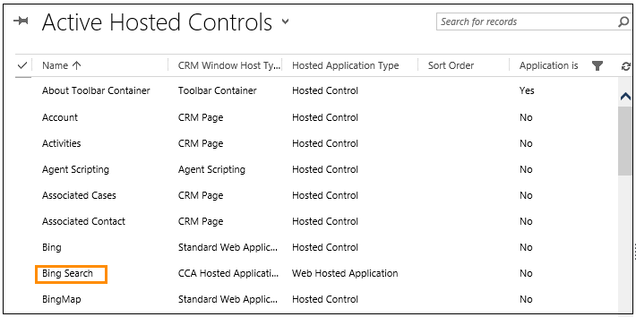 List of hosted controls showing Bing Search