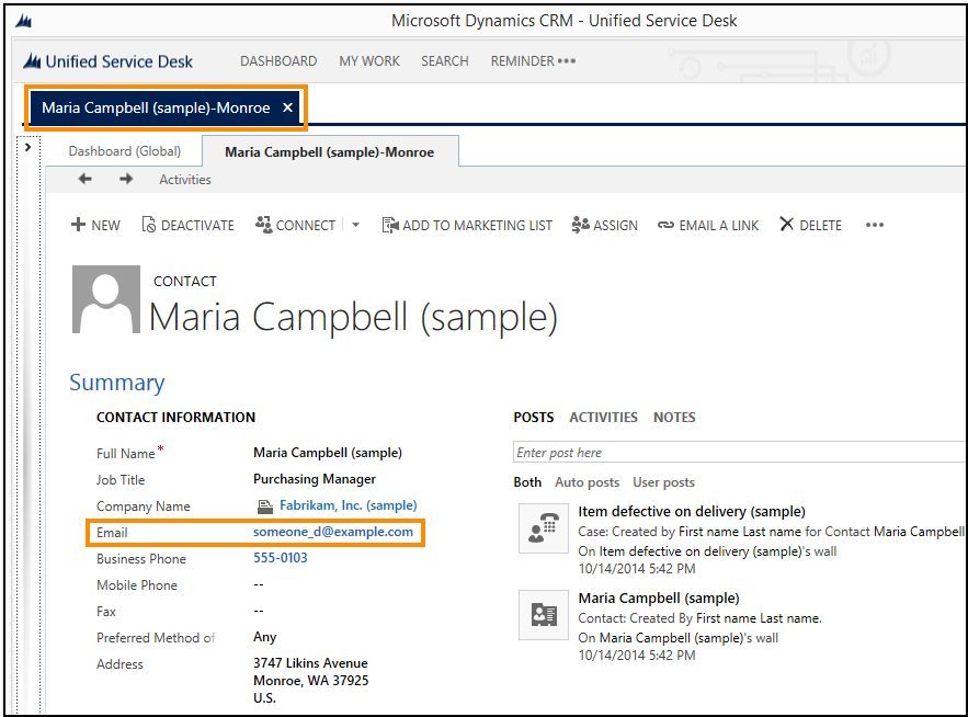 Matching Dynamics 365 contact record displayed in a session