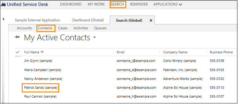 Contacts list in Unified Service Desk