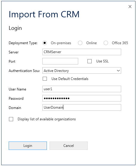 Screenshot of import from CRM dialog box
