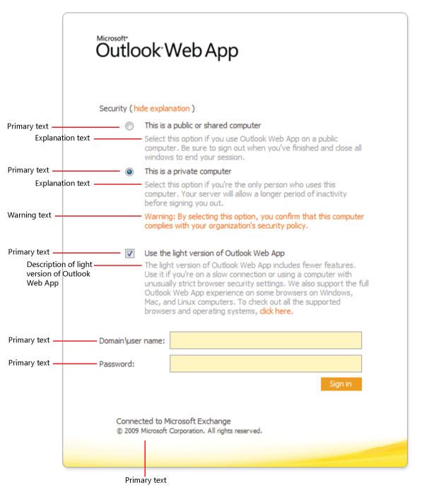 Outlook Web App sign in page text options
