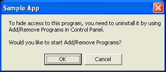 Windows XP dialog box. To hide access to this program, you need to uninstall it by using Add/Remove Programs in Control Panel.