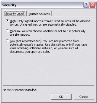 Figure 2: the Office Security dialog lets you set macro security for an application