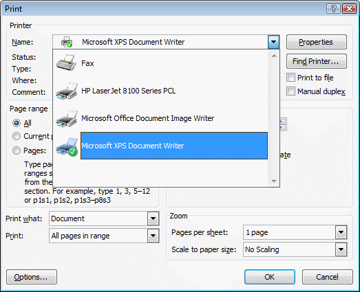 Selecting MXDW in Windows Vista