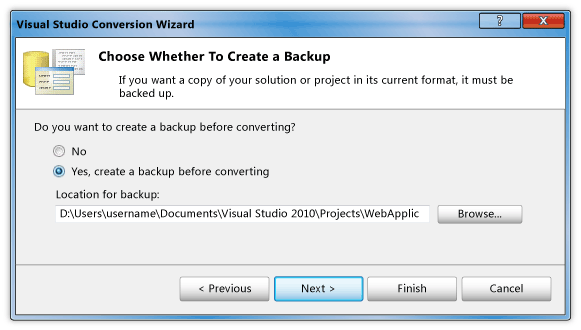 Visual Studio Conversion Wizard backup dialog box