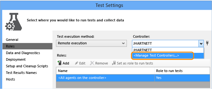 Open your test settings file, select the Role tab