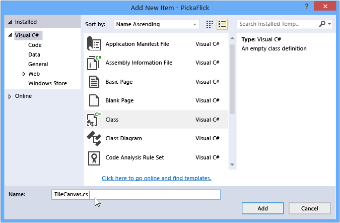 Visual Studio - Add New Item - Class