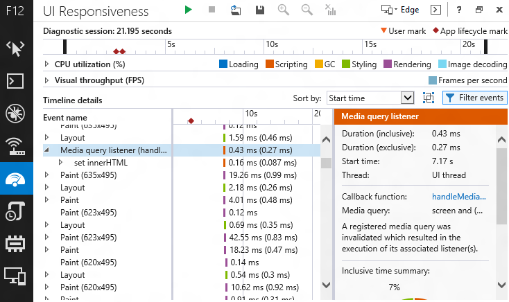 UI Responsiveness session showing a media query listener event