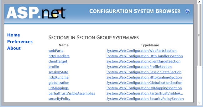 Configuration System Browser Section Group page
