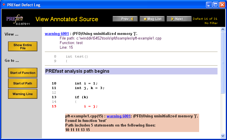 Screen shot showing the annotated source view of the PREfast Defect Log