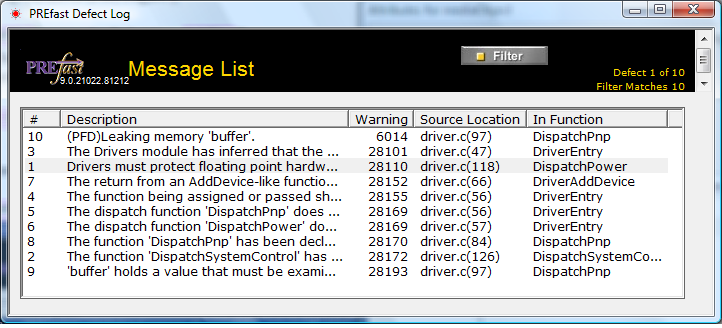 Screen shot showing a Message List in the PREfast Defect Log dialog box