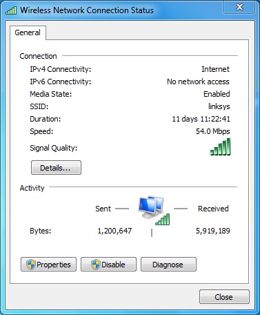 Example of the Wireless Network Connection Status dialog box