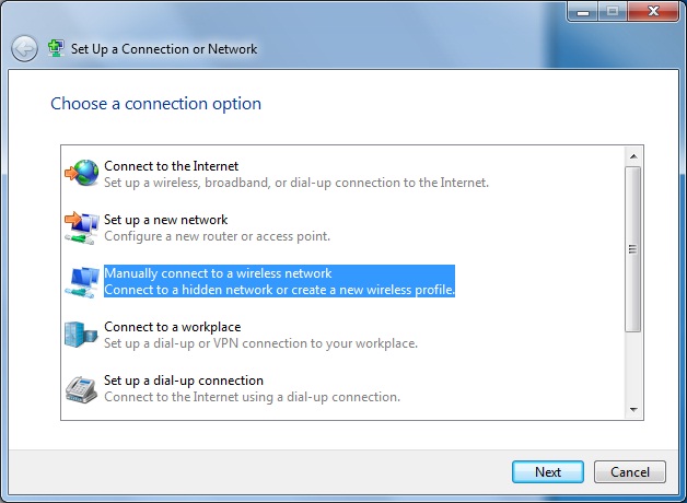 The Set up a connection or network dialog box