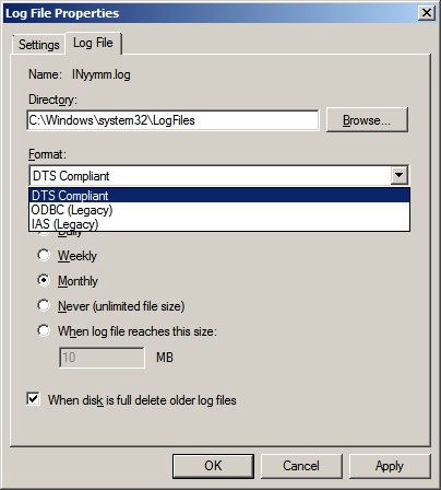 Selecting the DTS Compliant local log format