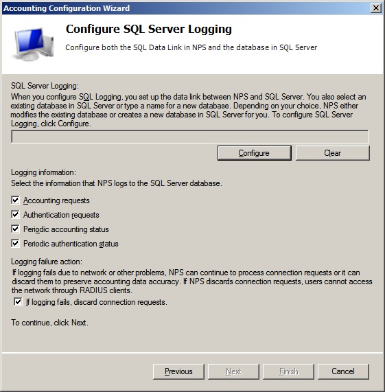 The Configure SQL Server Logging page