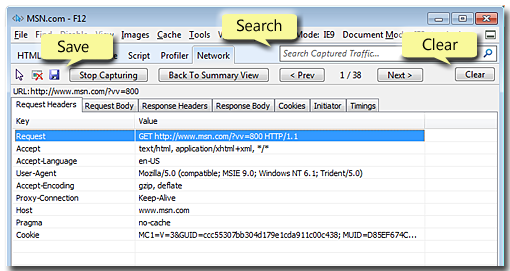Screen shot of the Search, Save, and Clear buttons in the Developer Tools