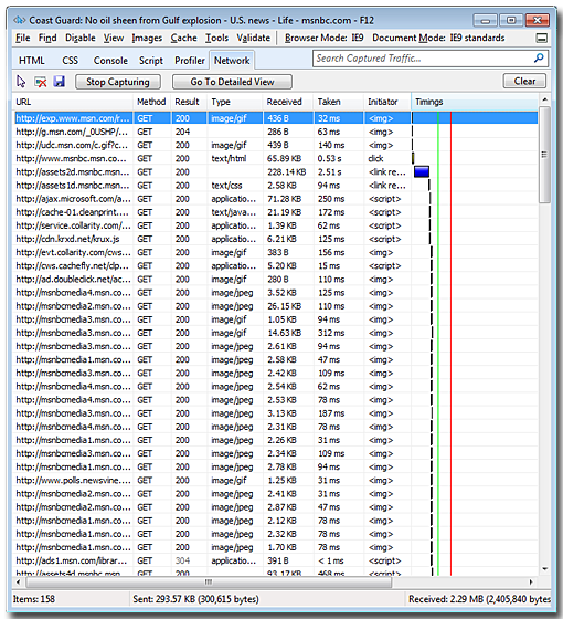 Screen shot of the summary view in the Network tab of Internet Explorer Developer Tools