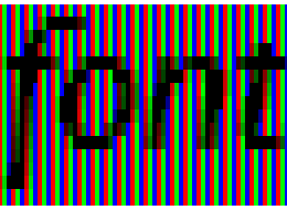 Magnification of ClearType, with sub-pixels explicitly rendered.