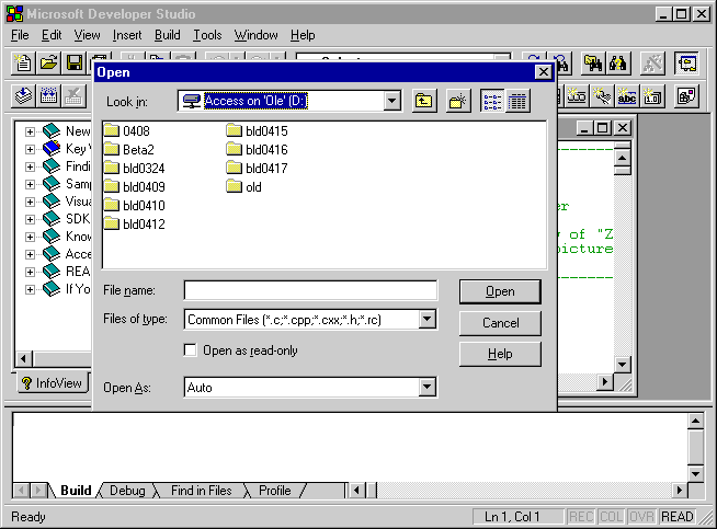 Screenshot of the Open window floating above a larger Microsoft Developer Studio window.