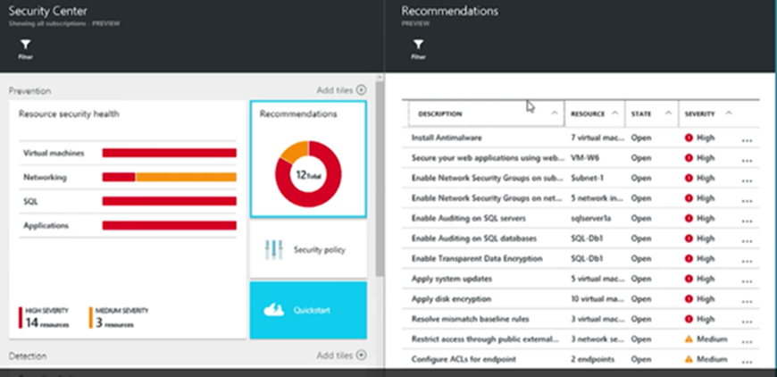 Title: Dashboard in Azure Seucrity Center that shows recommendations on how to help protecting Azure resources - Description: Examples of recommendations to help prevent incidents related to Azure resources
