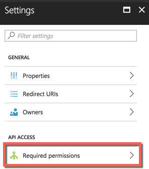 Screenshot that highlights the Required permissions menu option.