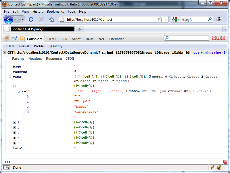 Figure 14: JSON results from AJAX call are parsed and displayed in special Firebug tab