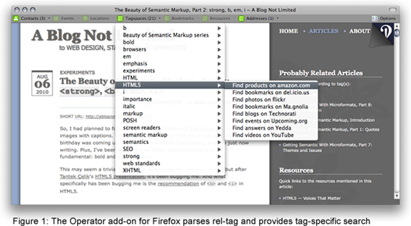Figure 1: The Operator add-on for FireFox parses rel-tag and provided tag-specific search