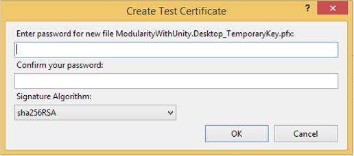 Create Test Certificate password dialog box