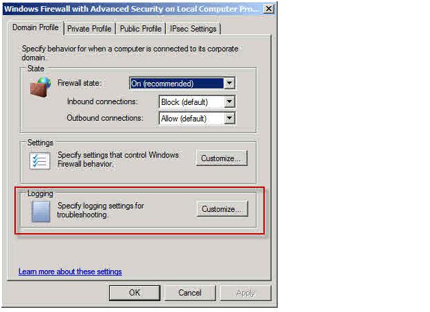 Turning on logging for the firewall profiles