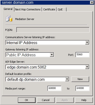 Mediation Server General tab configuration