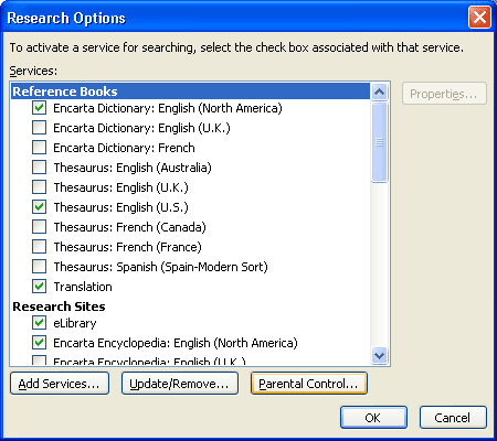 Research Options dialog box