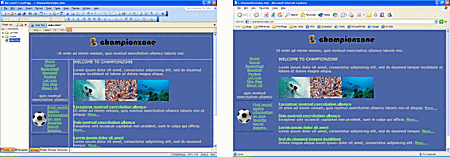 The same page in FrontPage (left) and in Internet Explorer (right) after applying the Water theme