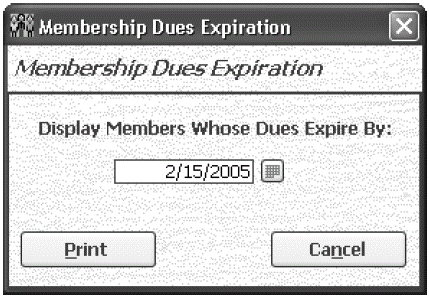 The parameter form referenced by the query that returns members whose dues have expired by the date entered