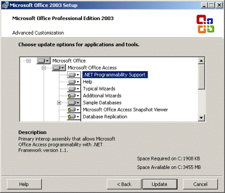 Microsoft Office 2003 Setup dialog box showing Access PIA