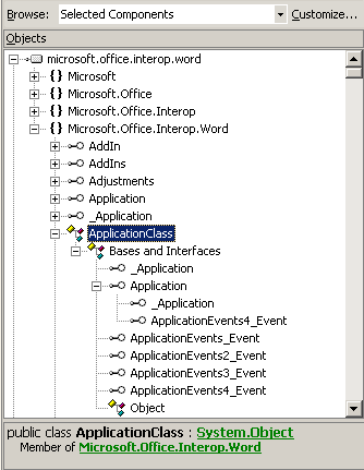 Object browser showing ApplicationClass class