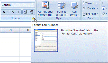 Dialog box launcher in the Number group